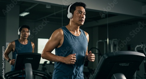 A fit middle-aged man wearing wireless headphones and a sleeveless shirt, running on a treadmill in the gym. His reflection visible in the mirror behind him, lightly sweating, fully concentrated