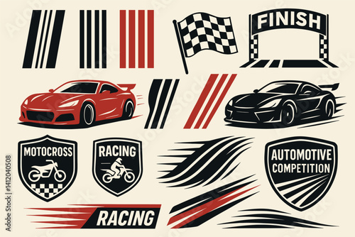 Dynamic motorsport design with racing cars, stripes, and competition badges for automotive events