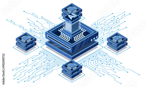 Isometric artificial intelligence chip concept. Artificial intelligence concept. Futuristic microchip processor. Isometric technology