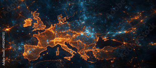 Glowing Digital Map of Europe with Data Connections