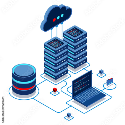 Cloud technology computing concept. Modern cloud technology. Data center isometric concept. Isometric cloud technology with datacenter. Web hosting concept. Isometric technology