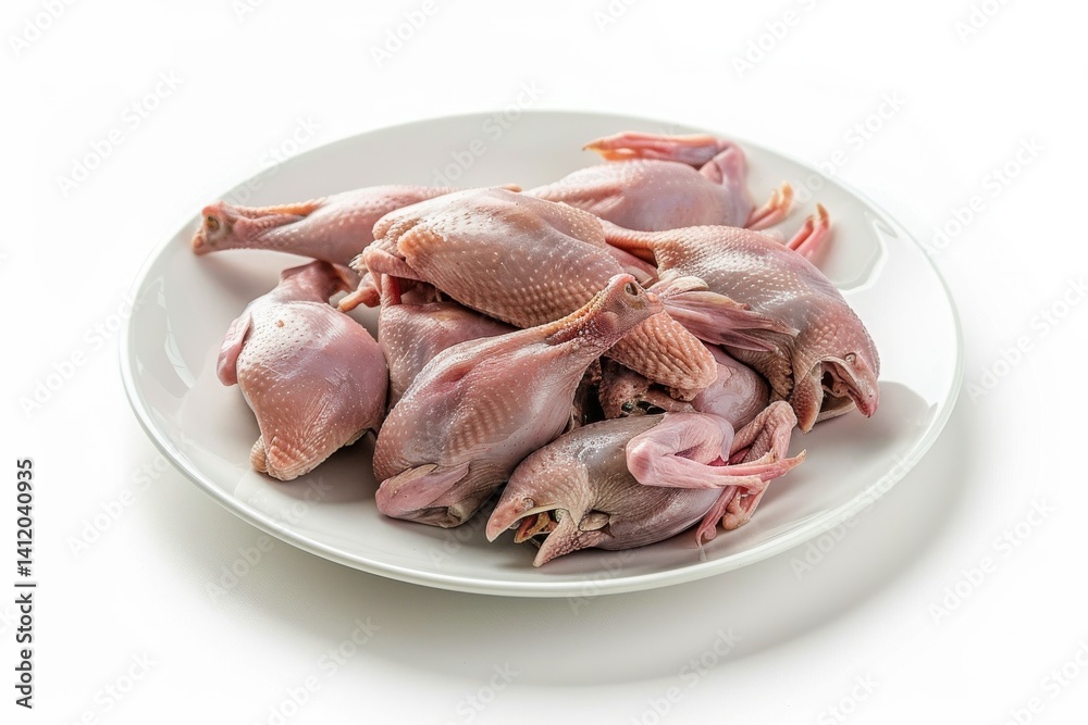 Freshly prepared quail ready for cooking on a clean white plate showcasing their delicate form isolated on transparent background Freshly prepared quail ready for cooking on a clean white plate showcasing their delicate form isolated on transparent background