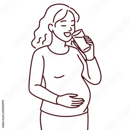 Pregnant woman drinking juice, holding belly with one hand, staying hydrated and focused on healthy nutrition during pregnancy. Line without colour
