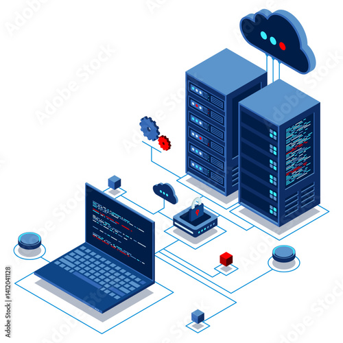 Cyber data security. Internet security isometric concept. Server room connected with laptop through protected hub. Computing internet digital technology. Isometric technology