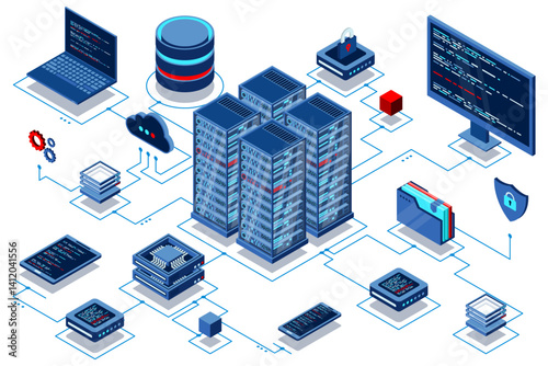 Computation of big data center. Cloud computing. Online devices upload and download information. Isometric technology