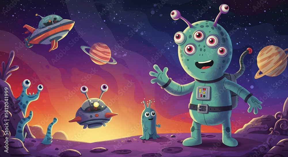 Fototapeta premium Friendly Alien Cartoon Character Waving on Exoplanet with Spaceships and Planets