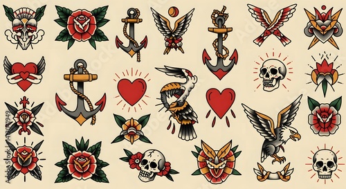 Classic American Traditional Tattoo Designs Set Featuring Skulls Roses and Eagles