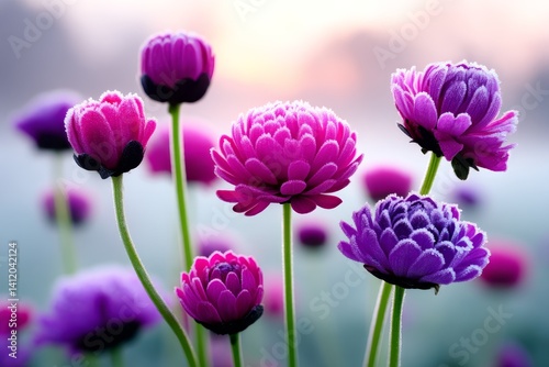 Vibrant purple and pink flowers bloom in a frosty morning garden at sunrise