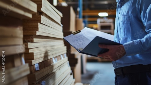 Supervisor verifying building materials with a checklist. Featuring accuracy and documentation