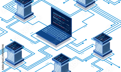 Isometric high technology concept. Cloud storage isometric illustration. Big data center with server. Server room. Isometric technology
