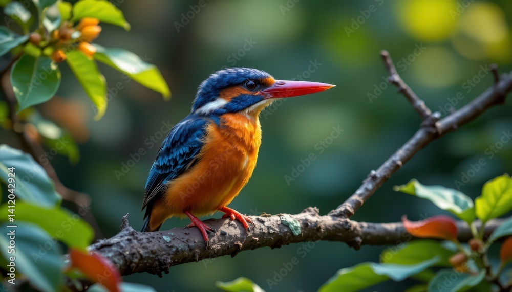 Vibrant kingfisher perched on a branch amidst lush greenery, showcasing striking colors in a natural habitat Vibrant kingfisher perched on a branch amidst lush greenery, showcasing striking colors in a natural habitat