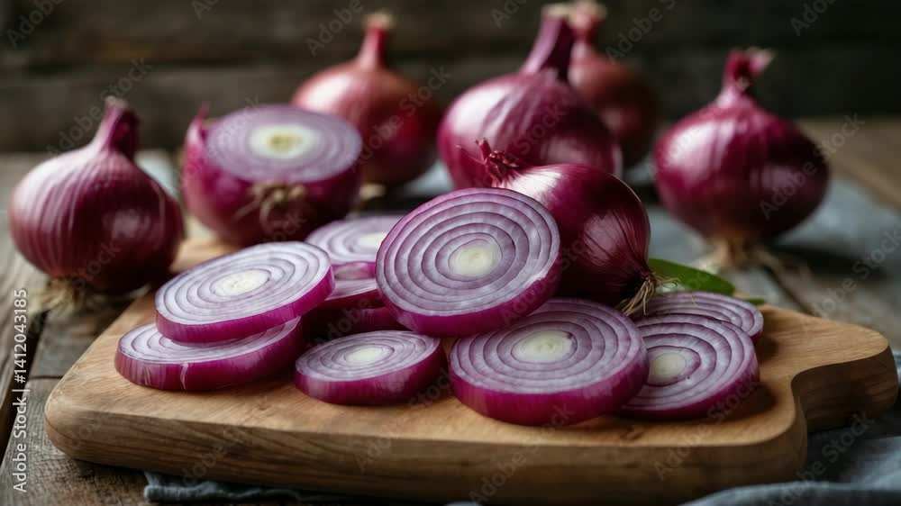 Tray with chopped fresh red onion slices