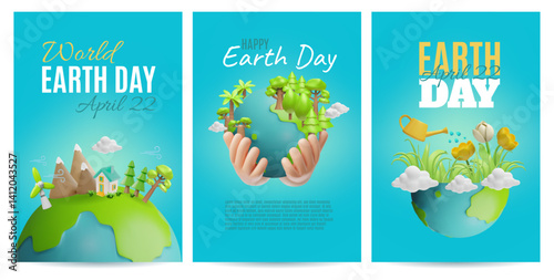 Happy Earth day April 22 cartoon poster vector set, 3D Earth planet with green nature, ecology wind turbine, environment