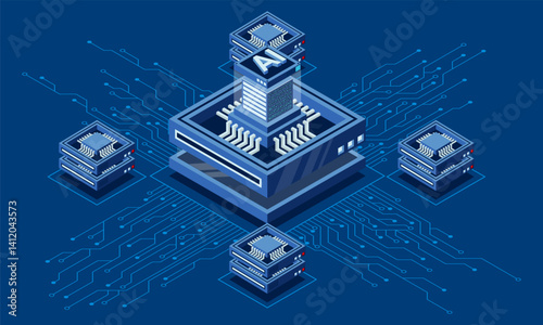 Isometric artificial intelligence chip concept. Artificial intelligence concept. Futuristic microchip processor. Isometric technology