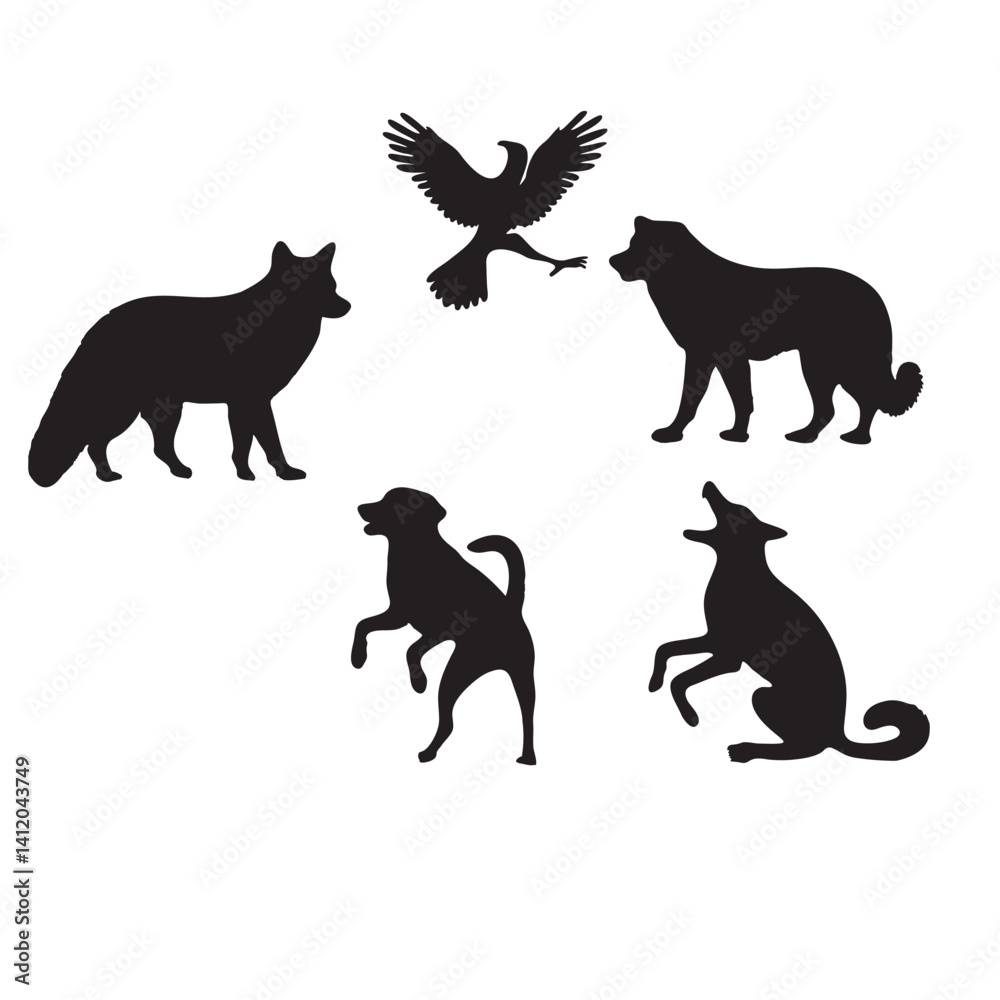 Fototapeta premium Wild Animal Silhouettes Vector: Wolf, Eagle, Dog, Fox Illustrations