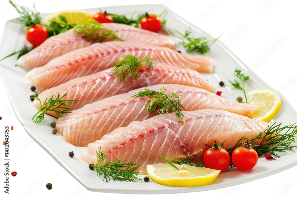 Freshly prepared fillets garnished with herbs and ripe tomatoes on a vibrant white platter isolated on transparent background Freshly prepared fillets garnished with herbs and ripe tomatoes on a vibrant white platter isolated on transparent background