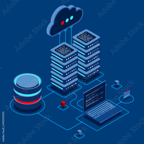 Cloud technology computing concept. Modern cloud technology. Data center isometric concept. Isometric cloud technology with datacenter. Web hosting concept. Isometric technology