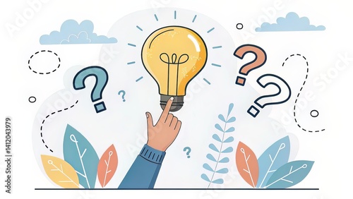 A finger points to a lightbulb surrounded by question marks; concept of problem-solving and innovation.