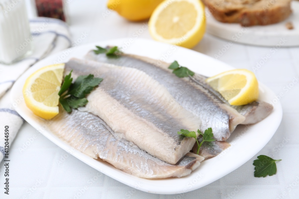 Marinated herring fillets with lemon and parsley on white tiled table, closeup Marinated herring fillets with lemon and parsley on white tiled table, closeup