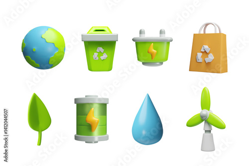 Green energy symbols, environmental theme vector icon set, 3D cartoon Earth planet and water drop, wind turbine, recycle