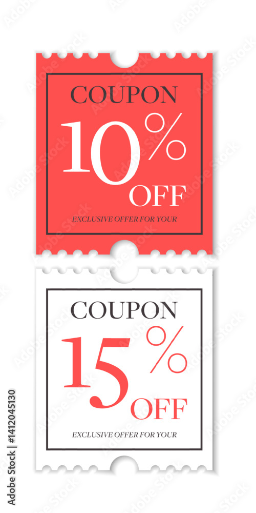Fototapeta premium Set of Two Elegant Discount Coupons with 10 and 15 Off Offers. Red and White Modern Vertical Ticket Design with Bold Typography. Ideal for Promotions, Sales, and Printable Marketing Materials