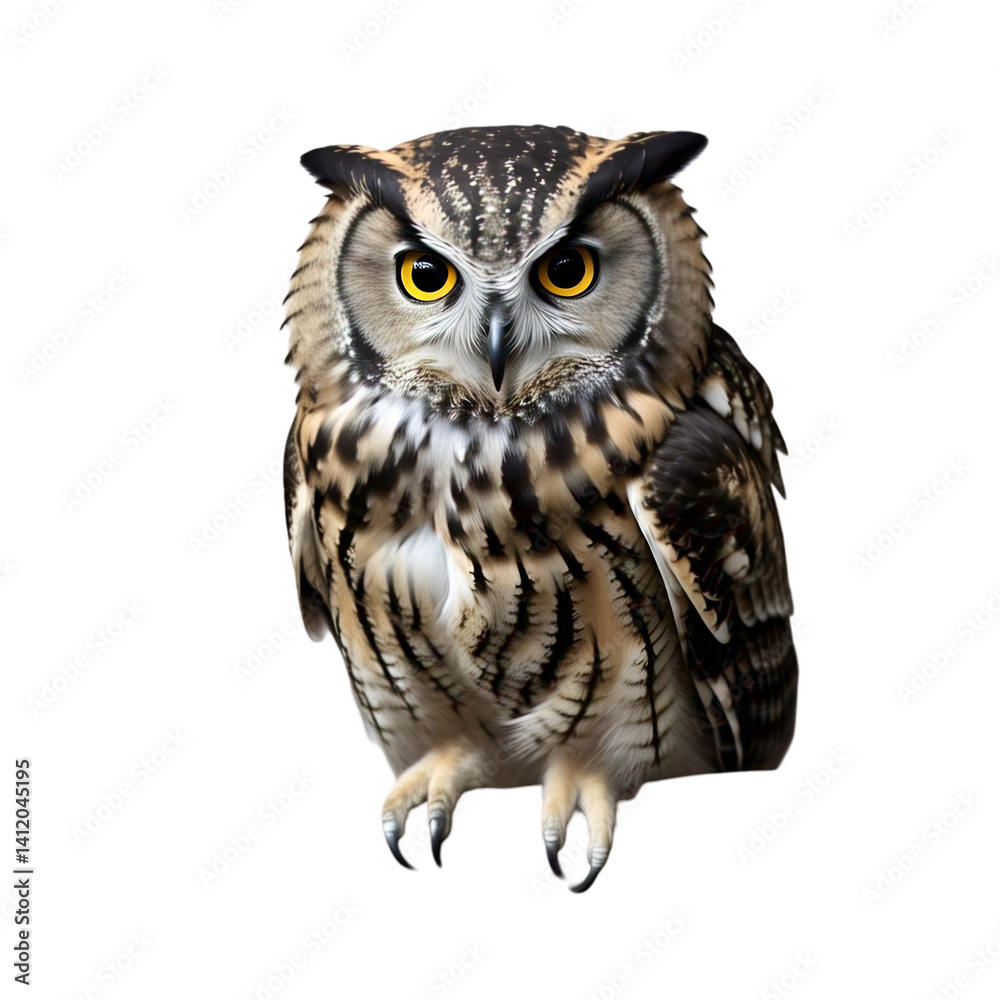 Naklejka premium Owl with wings partially open, looking straight ahead, isolated on white