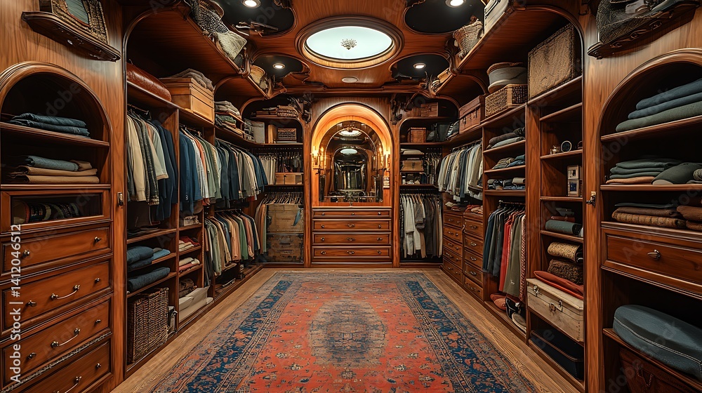 Obraz premium Opulent Walk In Closet Design With Wooden Shelves And Elegant Details Photo