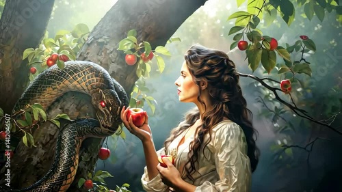 Woman in paradise with the forbidden fruit in her hand to be tempted by Satan in the form of a serpent 4K