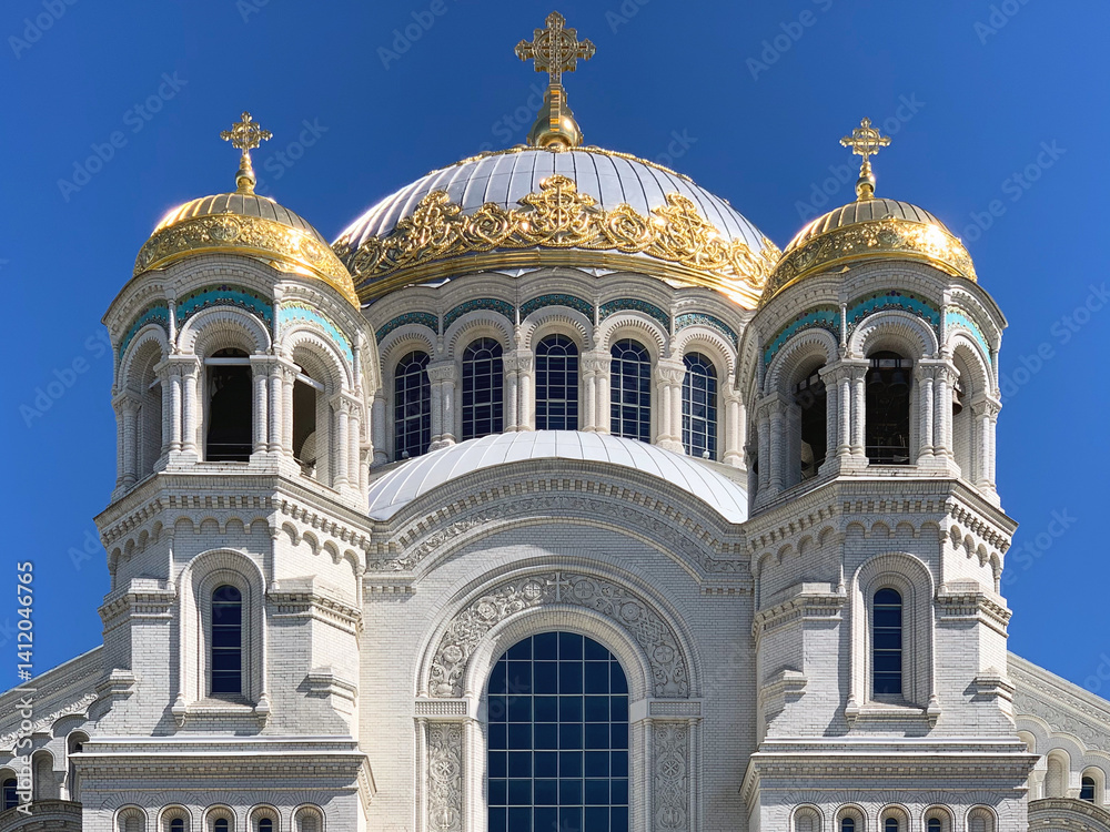 Domes of the Naval cathedral of Saint Nicholas in Kronstadt, Saint Petersburg, Russia, June 2019