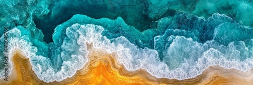 Abstract Ocean Waves, Gold Sand Beach, Teal Turquoise Background, Luxury Marble Design Texture