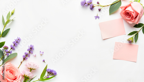 Floral arrangement with pink roses and lavender as background  