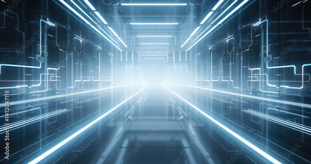 Futuristic corridor with glowing lines and light effects, suggesting advanced technology. Futuristic corridor with glowing lines and light effects, suggesting advanced technology.