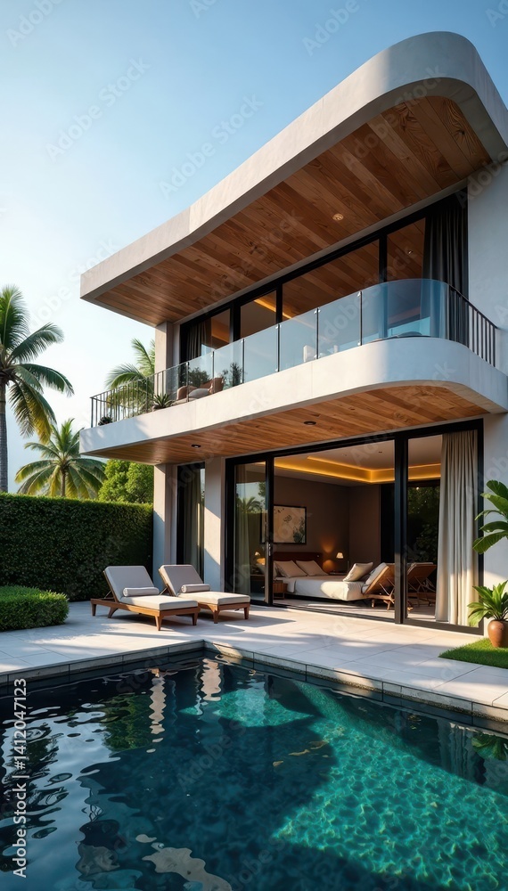 custom made wallpaper toronto digitalLuxury modern house with curved roofline and private balcony, modern residential, natural stone walls