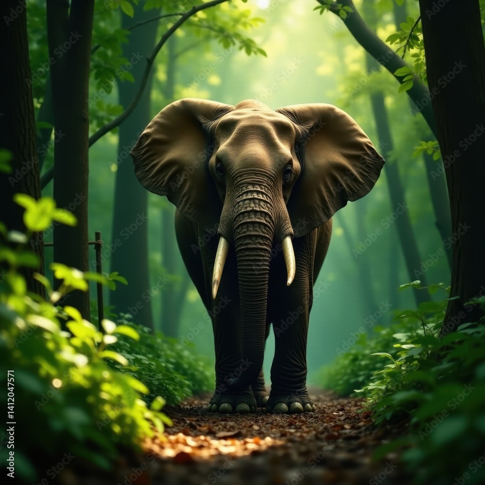 Fototapeta premium Majestic African elephant stands tall on forest floor amidst dense foliage and dappled light, tree, grass