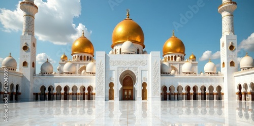 Majestic mosque with intricate tile work and golden domes , architecture, tiles