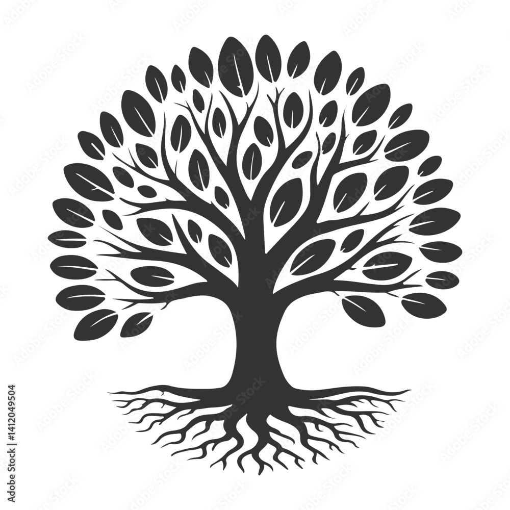 Fototapeta premium Abstract Tree with Roots Vector Silhouette Design Representing Nature and Growth