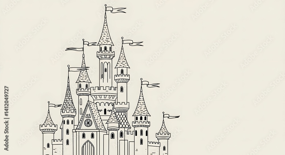 Naklejka premium Castle Outline Illustration with Towers and Flags on Beige Background