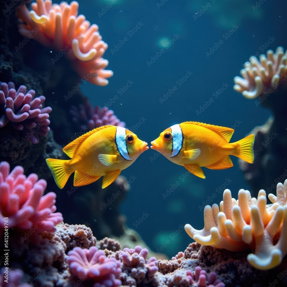 Fototapeta premium Males perform elaborate rituals around female triggerfish amidst colorful coral structures and shimmering water currents, blue fish, coral