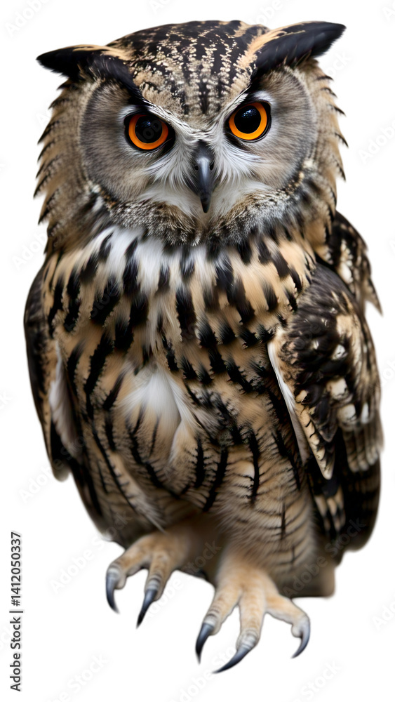 Fototapeta premium Owl with wings partially open, looking straight ahead, isolated on white