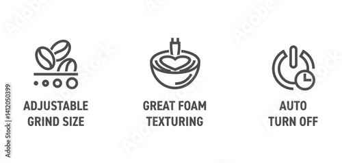 Coffee machine icons - Great foam texturing, Auto turn off, Adjustable grind size. in bold line