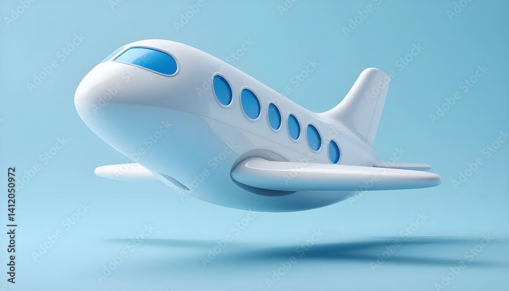 Fototapeta premium White Airplane in Flight: A sleek, white airplane with blue accents soars through the air, representing freedom, travel, and adventure. This whimsical design evokes a sense of joy and anticipation.
