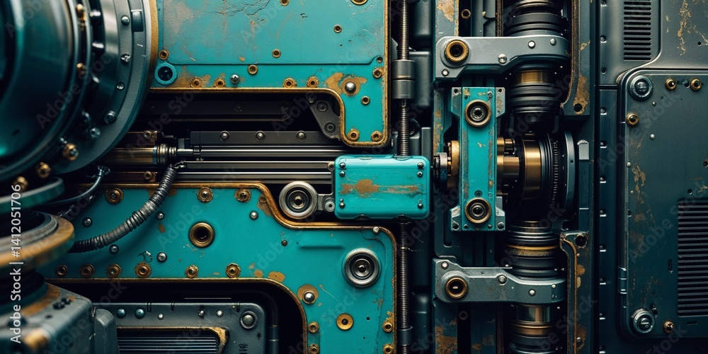 Turquoise and gold steampunk machine close-up with bolted plates and riveted construction. Turquoise and gold steampunk machine close-up with bolted plates and riveted construction.