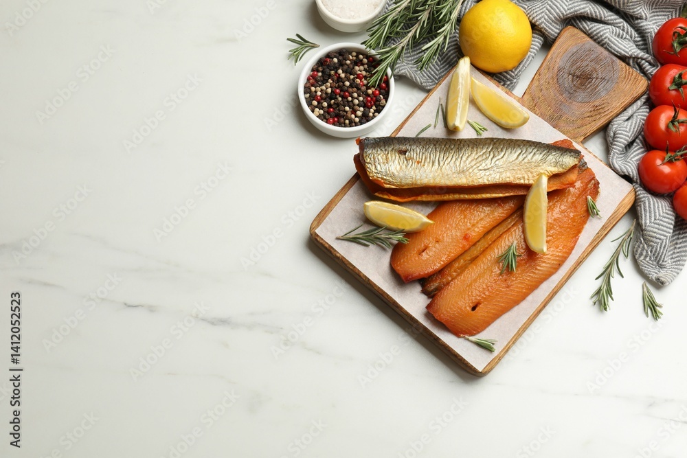 Smoked herrings, spices and tomatoes on white marble table, flat lay. Space for text