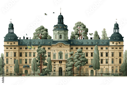 Vector illustration of a classic European palace surrounded by trees. Dome towers, decorative facade and forest atmosphere with birds and greenery