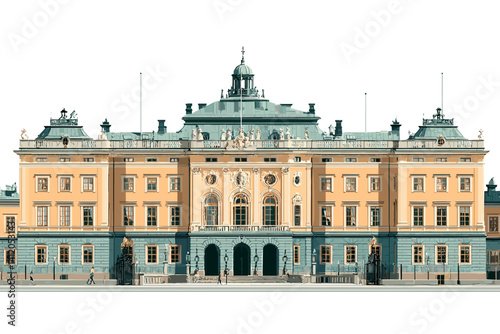 Vector illustration of a detailed European palace facade with green dome, yellow walls, arched entrance and decorative sculptures. Elegant and historic design