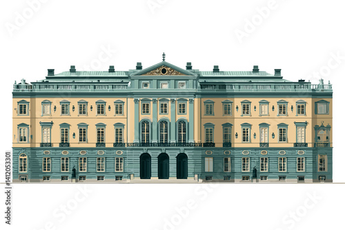 Vector art of a symmetrical European-style palace with blue and yellow tones. Classical architectural elements and arched central entry