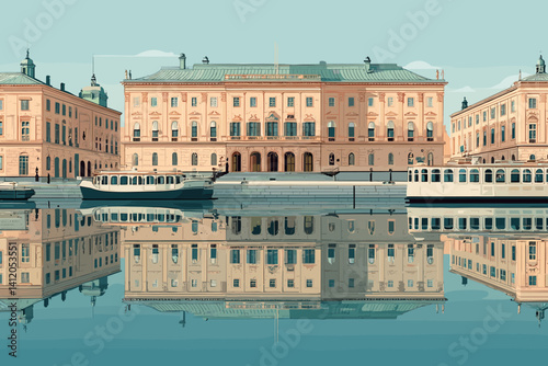 Vector artwork of a historic palace reflected in water, with boats docked along the quay. Classic architecture and a peaceful riverside atmosphere