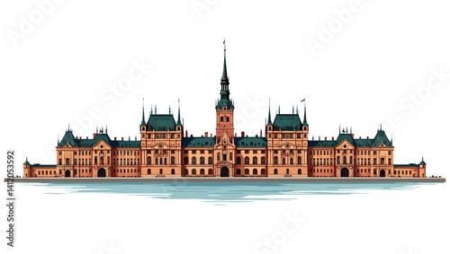 Vector illustration of a majestic red-brick European palace with multiple towers and spires. Clean background emphasizes the architectural details