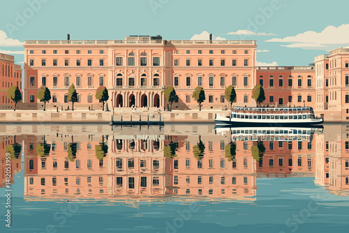 Vector art of a pink historic palace by the river with a sightseeing boat in front. Reflected architecture and clear sky create a peaceful urban view