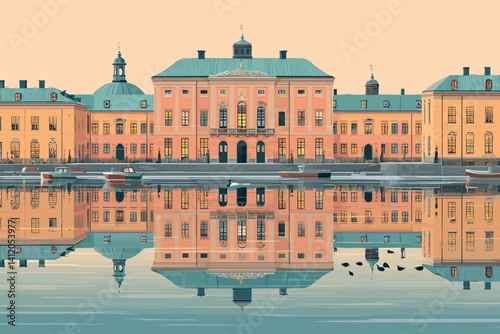 Vector illustration of a grand European-style palace with pastel colors and elegant domes, beautifully reflected on calm water. Symmetrical and tranquil scene